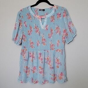 Cure Romantic Sweet Twee Fairycore floral metallic smocked short sleeve top